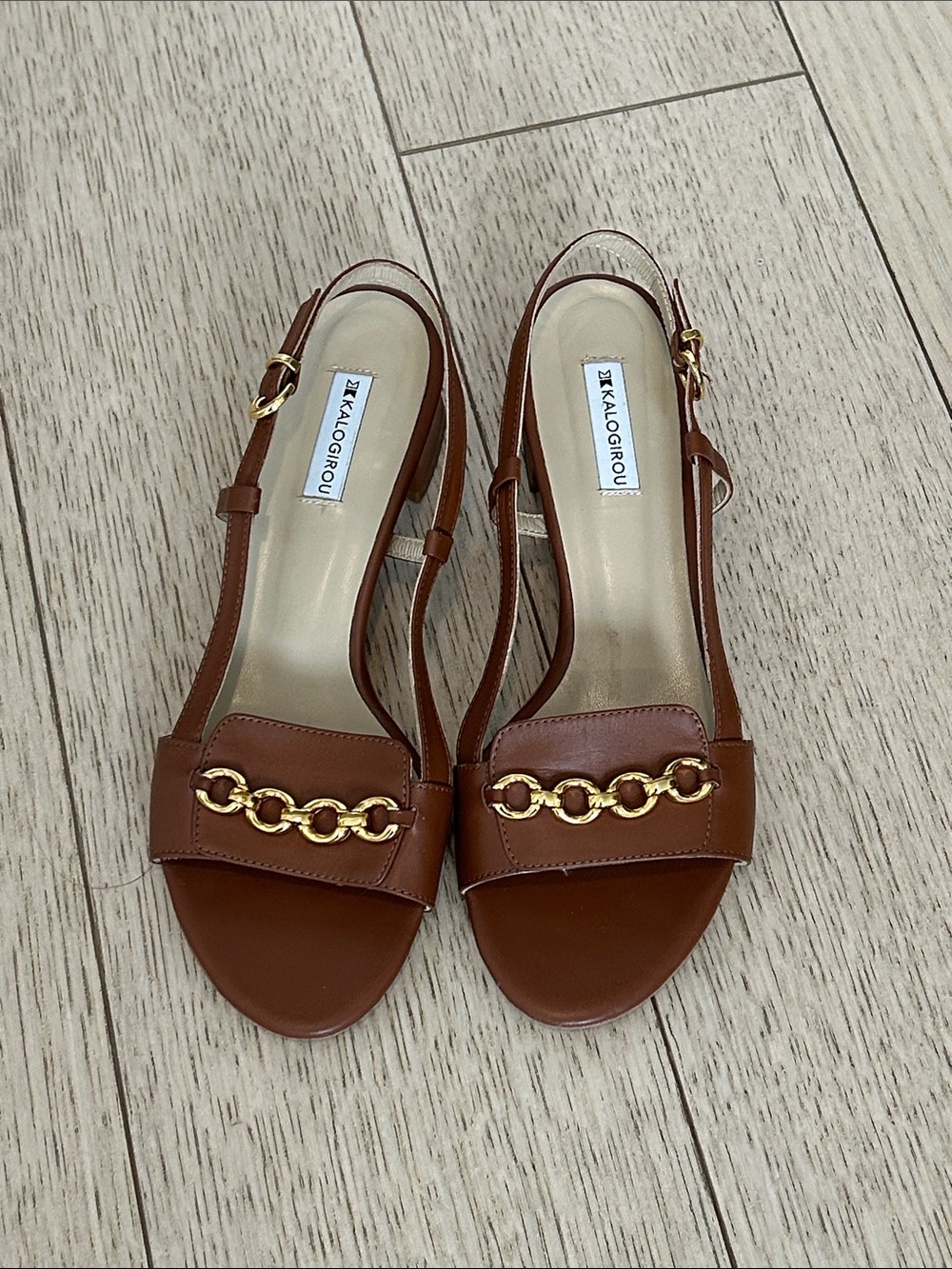 Kalogirou Collection Tan Leather Chain Bit Slingback Flat Sandal — Greek Luxury